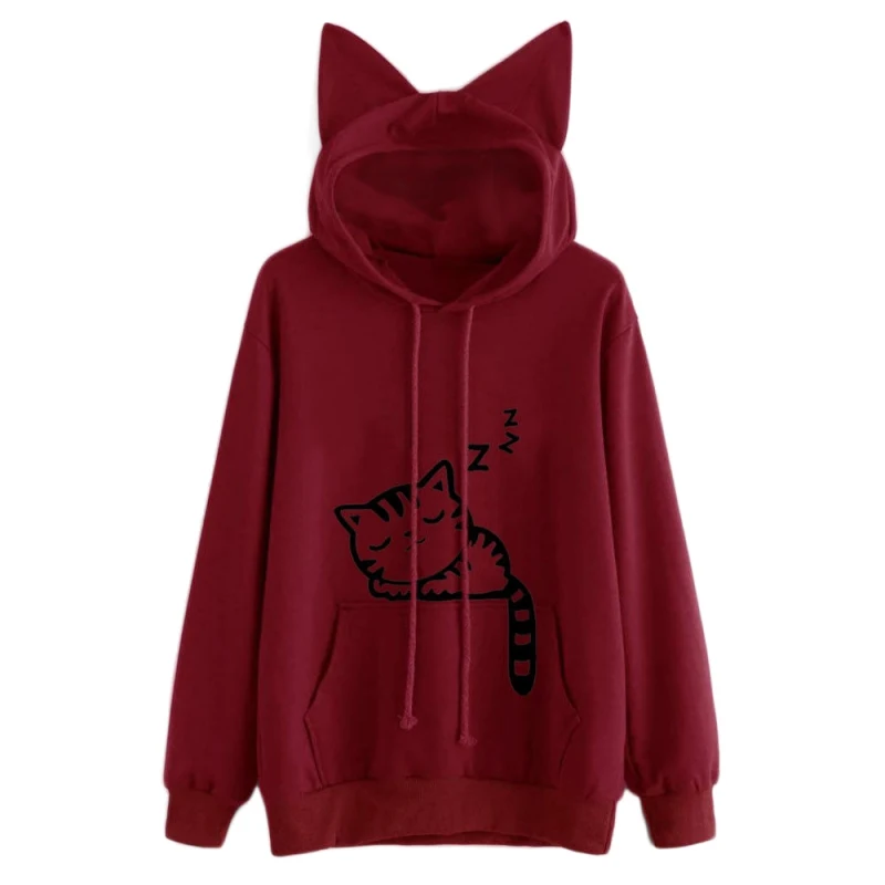 Women Hoodies Cat Ear Hooded Sweatshirts Tops Womens Cat Printed Long Sleeve Hoodies Pullovers Women Clothes