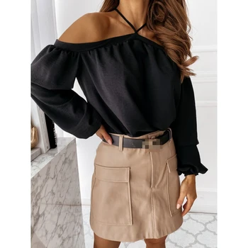 

Women Clothing Sexy Halter Solid Casual Loose Long Sleeve Blouse Shirt Office Ladies Plus Size S-3XL Korean Fashion Tops SJ5912E