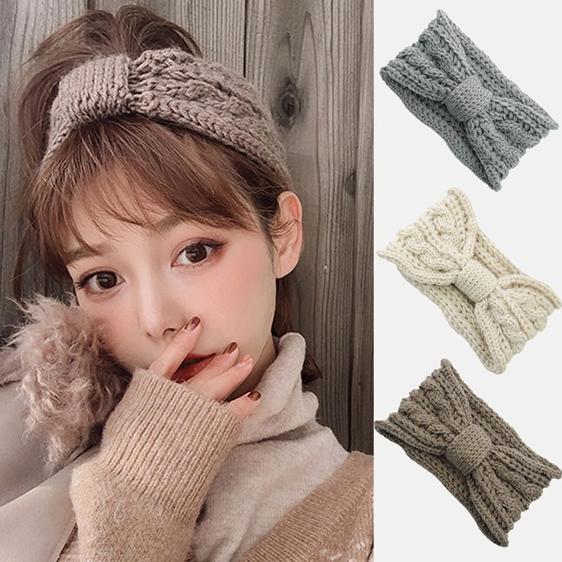 

Bow Twist Wide Hairband Solid Color Women Winter Crochet Knitted Stretch Headband Girl's Cute Warm Headwear Hair Accessories