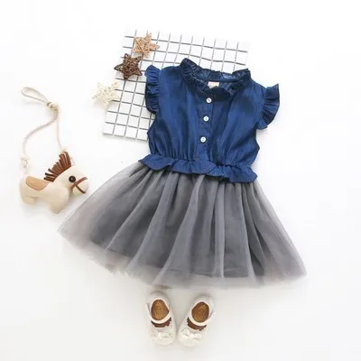 Джинсовое платье для девочек; коллекция года; сезон весна-осень; Новое Детское Ковбойское платье-пончо с длинными рукавами и сеткой - Цвет: -Navy Blue-