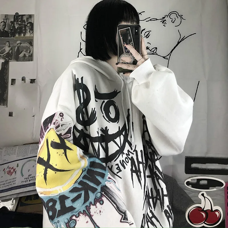 Японский стиль мультфильм Harajuku женские толстовки уличная краска толстый с капюшоном воротник Feamle Кофты с буквенным принтом верхняя одежда