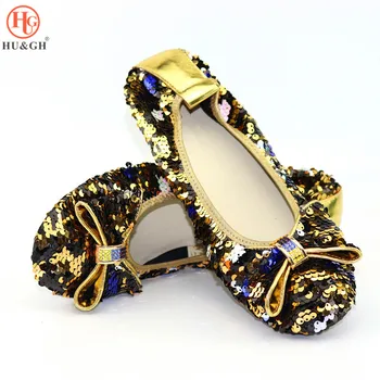 

New Italy Designs Women Comfortable Ballet Flat Foldable Sequined Loafers Shoe African Lady bow-knot Shoes Soft bottom Flat
