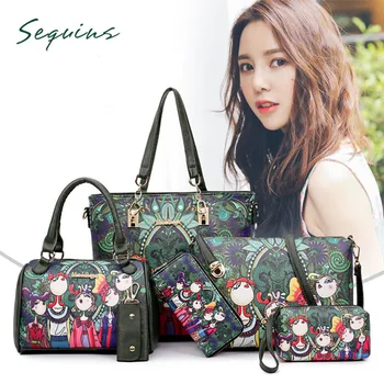 

Women's handbag leather women's bag fashion cartoon shoulder bag high quality 6-Piece set