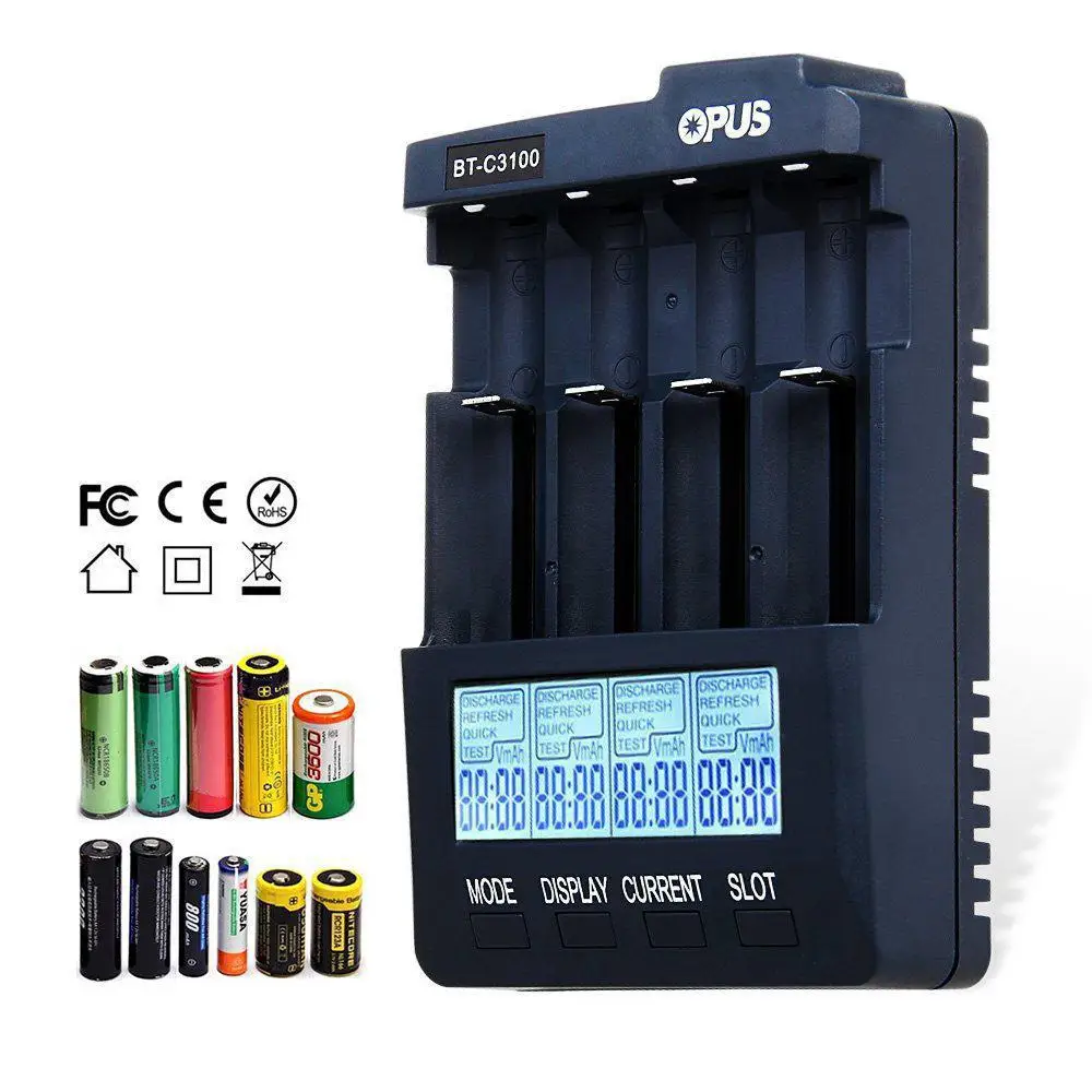 

Opus BT-C3100 V2.2 LED Backlight Displays Digital Intelligent 4 Slots AA/AAA LCD Battery Charger EU Adapter