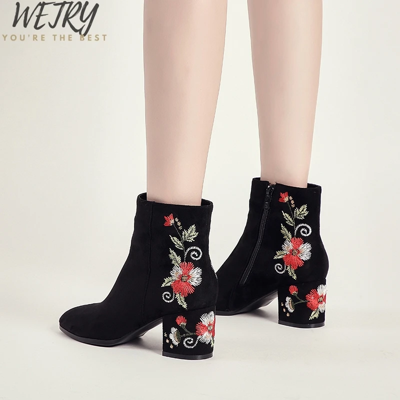 

2019 autumn nubuck round toe ankle boots for women short plush liner embroider floral botines mujer thick high heels boots