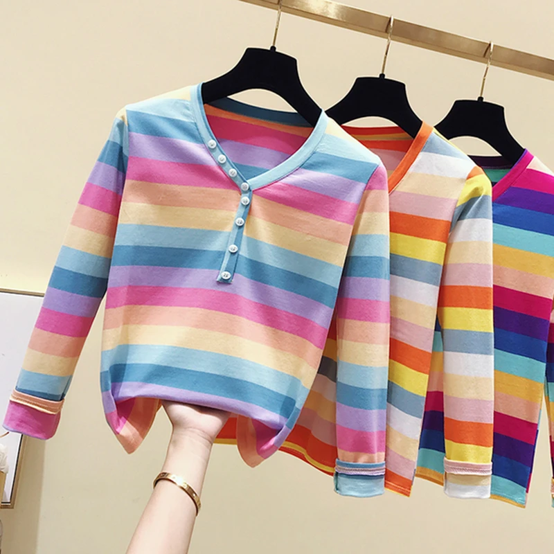

gkfnmt New T Shirt Women Rainbow Striped Tops Harajuku Tshirt 2019 Fall Winter Long Sleeve Korean Punk T-shirt camiseta feminina