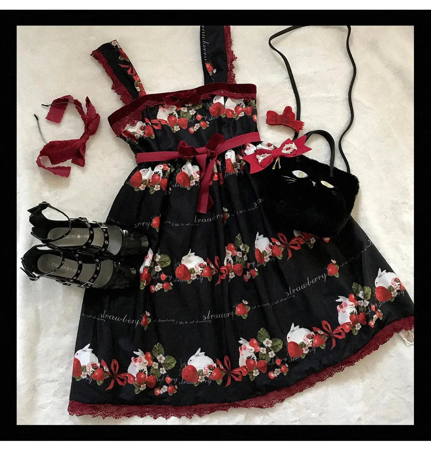 Sweet lolita strap dress vintage strawberry bowknot cute printing high waist princess victorian dress kawaii girl gothic lolita