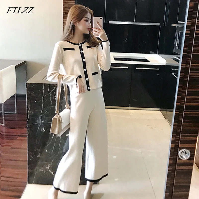 

FTLZZ Autumn Elegant Hit Color Knitted Two Piece Set Women Single Breasted Cardigan Tops + Wide Leg Pant Set Casual Clothing Set