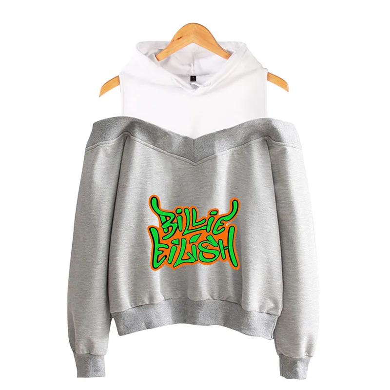 gray - style 2 Billie Eilish толстовка с капюшоном, с длинным рукавом, Мягкая Белая, простая, в стиле хип-хоп, для женщин, Harajuku, с открытыми плечами, имитация двух частей, сексуальная, с капюшоном - Цвет: gray - style 2