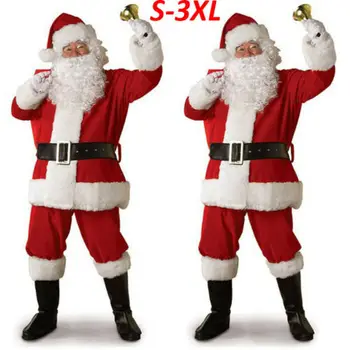 

New 5PCS Santa Claus Costume Men Adult Suit Christmas Party Outfit Fancy Xmas Dress Plus Size S-3XL