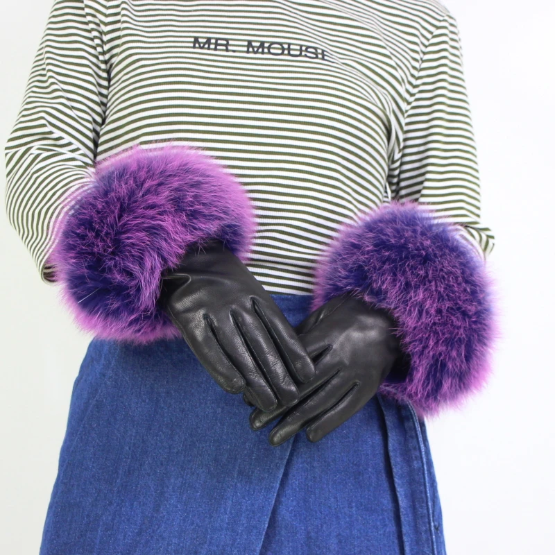 Женские новые стильные осенне-зимние высококачественные модные теплые толстые перчатки из мягкой кожи с натуральным лисьим мехом, варежки - Цвет: 1