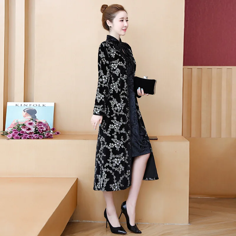 

2019 Improved Cheongsam Dress Mid-length Retro Shawl Outdoor Two-Piece Set Gold Velvet Cardigan Vest