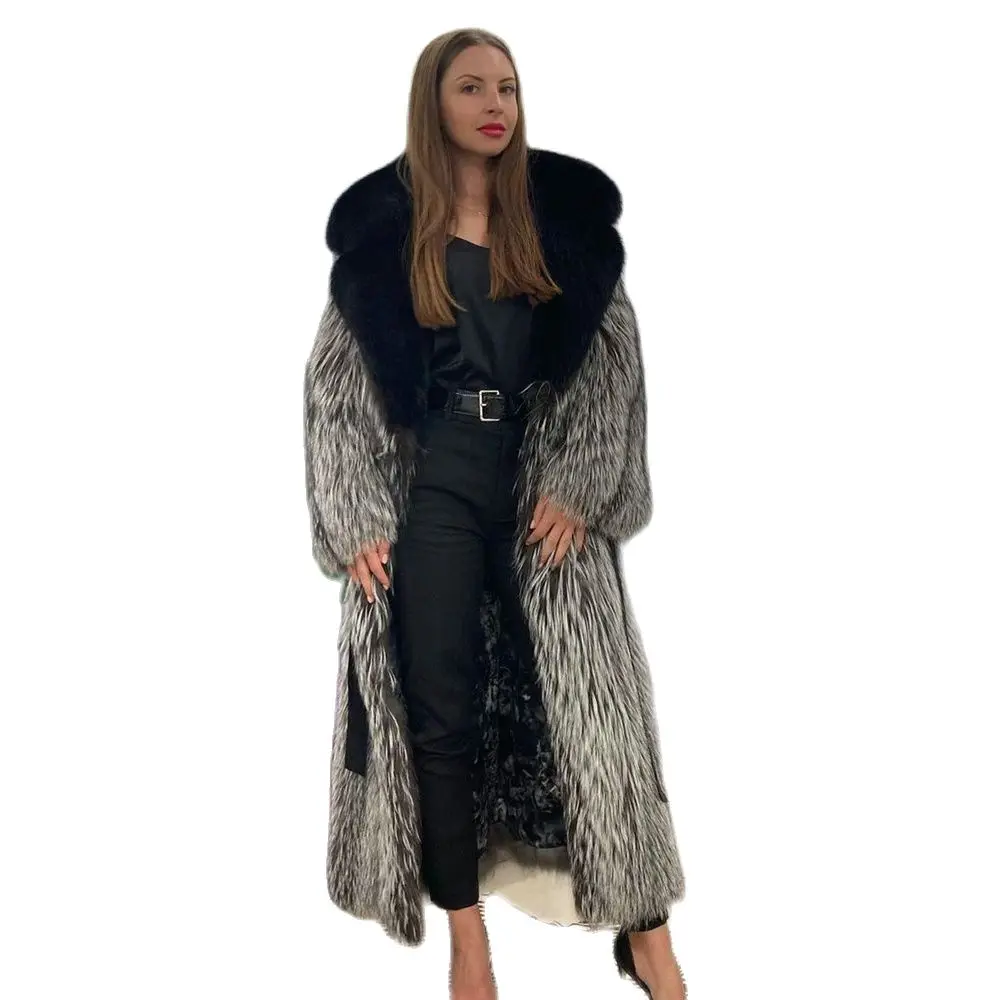 Fashion X-long Real Silver Fox Fur Coat Turn-down Collar 2022 New Trendy Woman Winter Whole Skin Genuine Silver Fox Fur Overcoat