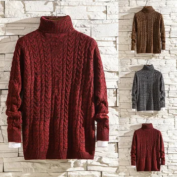 

Winter Solid Color Cable-knit Turtleneck False Two-piece Sweater High Neck Thick Warm Slim Fit Pullover Men Sweater