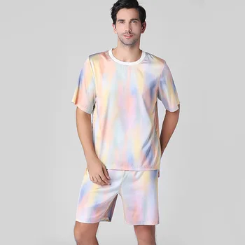 

2020 2 Pieces Men Pajamas Set Imitated Silk Fashion Graduated Color Short Top Short Bottom Round Neck Male Sleep & Lounge Suit
