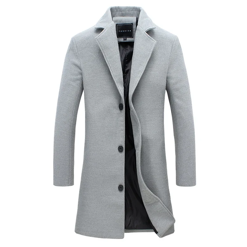 Light Grey Осень и зима Мужская однотонная ветровка Модная Повседневная тонкая Длинная ветровка мужское хлопковое пальто с отложным воротником для мужчин - Цвет: Light Grey