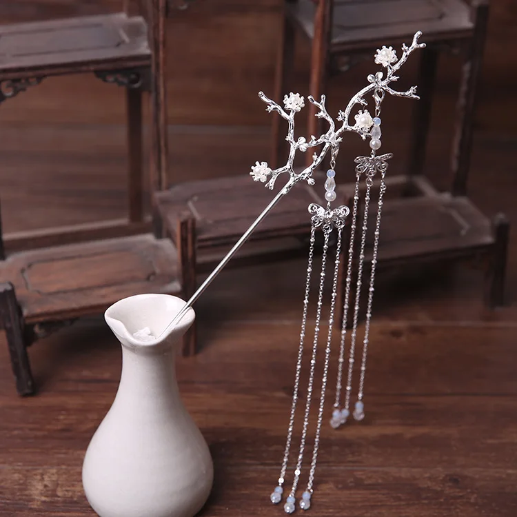 Silver pearl C Костюм древности японский Hanfu Cheongsam Ancientry кисточка шпилька цветок Kanzashi Chignon kimonos украшения головной убор ручной работы - Цвет: Silver pearl C