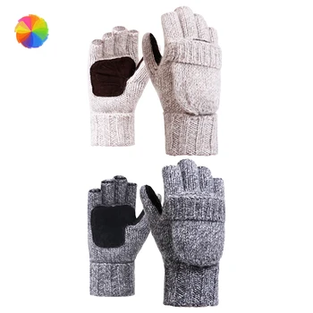 

Yarn Knitted Gloves Half Finger Flip Men and Women Winter Wool Brushed and Thick Genuine Leather Warm XBFF