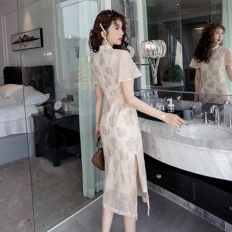SWEETXUE Ретро Qipao Cheongsams платье китайское женское кружевное открытое современное элегантное тонкое платье с коротким рукавом Дамское Платье