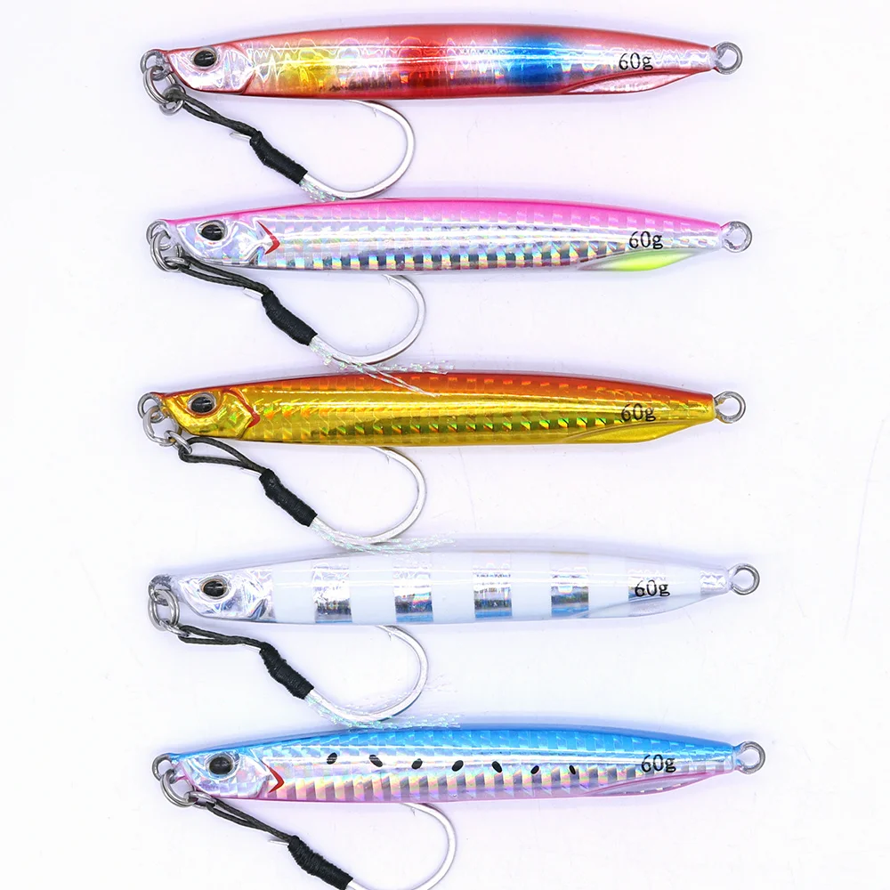 CASTFUN 40g 60g 5pcs Drag Metal Super Slim Glowing Slow Jigging Lures With Fishing Hook Casting Jig Baits | Спорт и развлечения