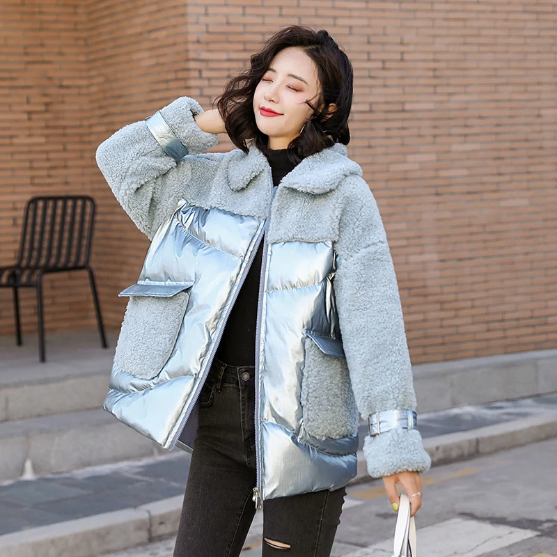 Зимние куртки 2020 модная женская Свободная блестящая куртка из овечьей шерсти в