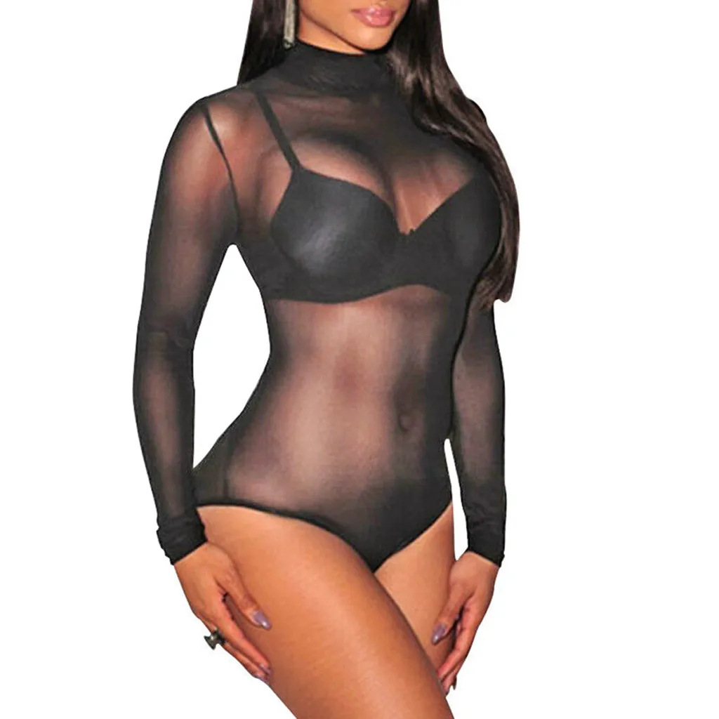 Women Bodysuit Jumpsuit Plus Sizw 5xl One Piece Sleepwear Nightwear Long Sleeve Sheer Black Mesh Leotard O Neck Sexy Clubwear