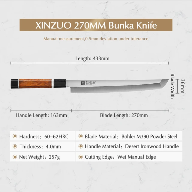XINZUO 270mm Sashimi Sushi Knife with Leather Sheath Bolher M390 Powder Steel Sakimaru Kitchen Knives with Ironwood Handle 3