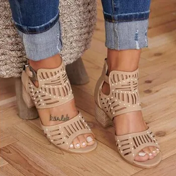 

women fashion summer high heels new sandals cutout zipper buckle strap square mid heel casual high heel ladies plus size pumps