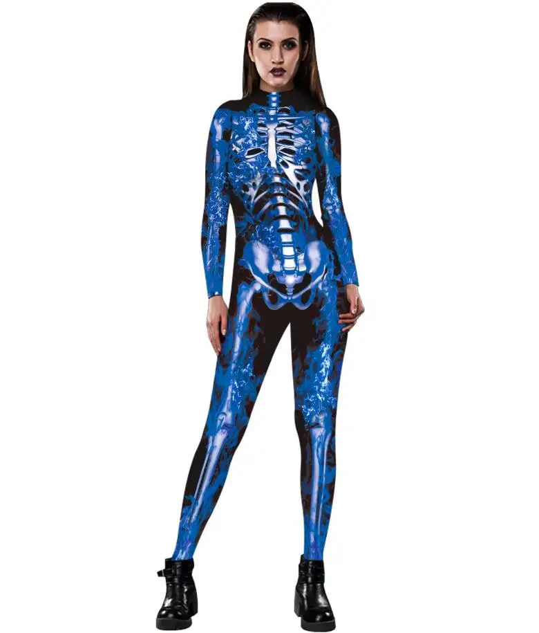 Scary Halloween Skeleton Print Costume Adult Women Horror Carnival Joking Catsuit Jumpsuit Long Sleeves Bodysuit For Lady Girls