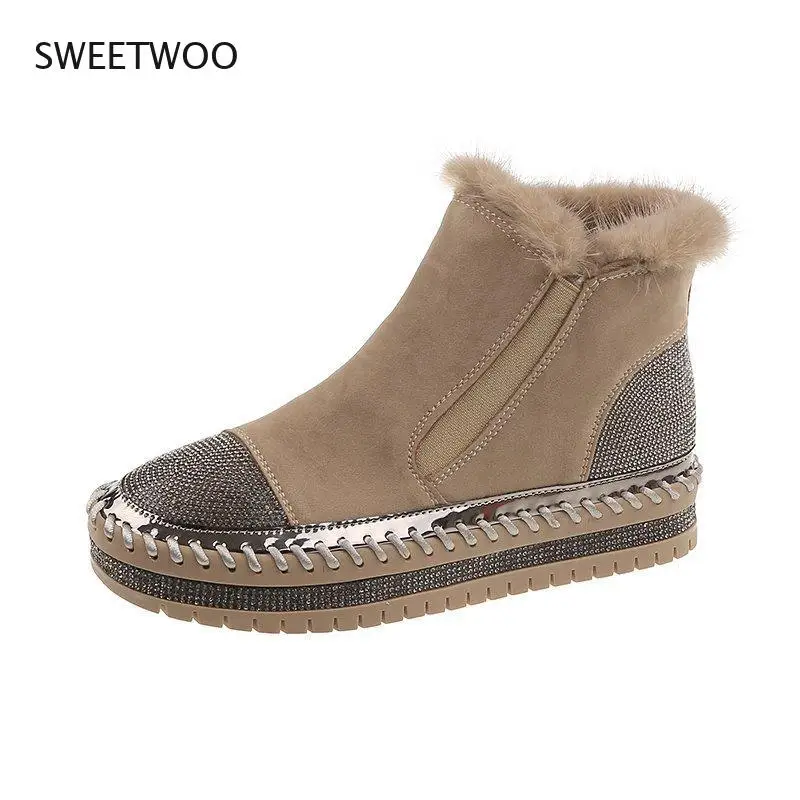 Women Real Mink Fur Warm Shoes Crystal Hand Stitching Luxury Footwear  Winter Slip-on Platform Flats