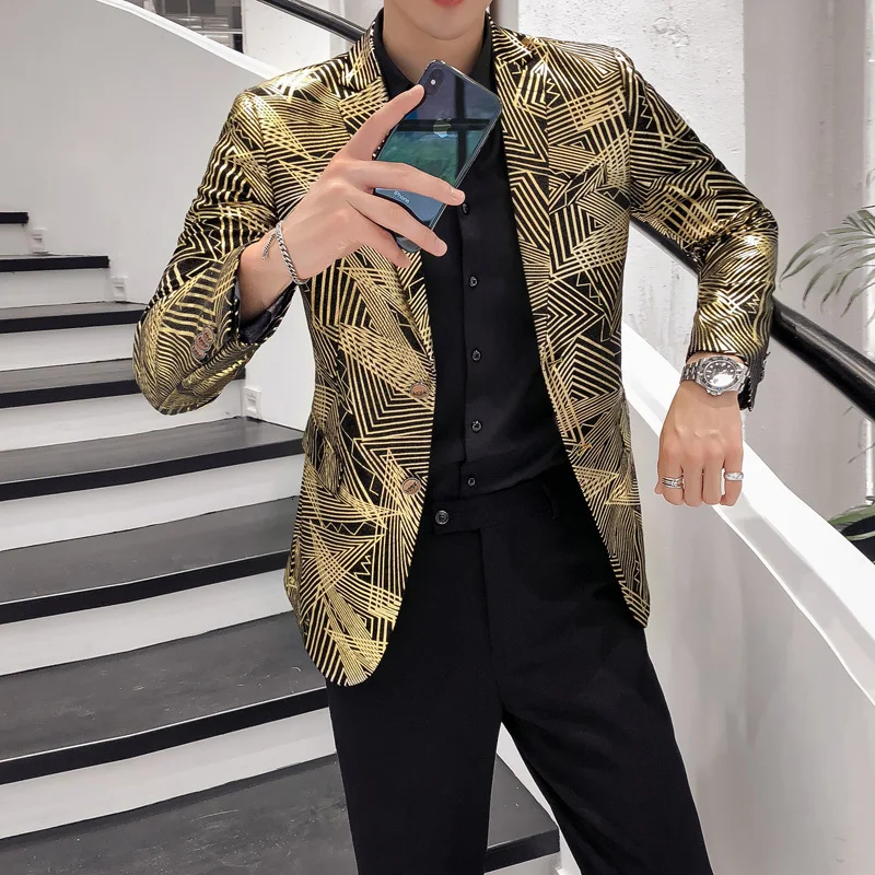 Роскошный Блейзер в золотую полоску с принтом Masculino Slim Fit Мужской Блейзер плюс размер 5xl сценический костюм для Dj Singer Chaqueta Hombre