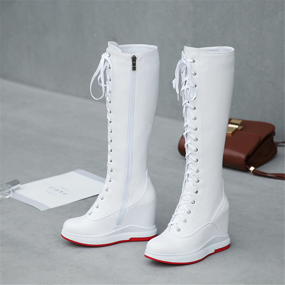 SARAIRIS Quality Genuine Leather mid-calf Motorcycle Boots Women Autumn Winter lace-up Height Increasing Shoes Woman 32-40