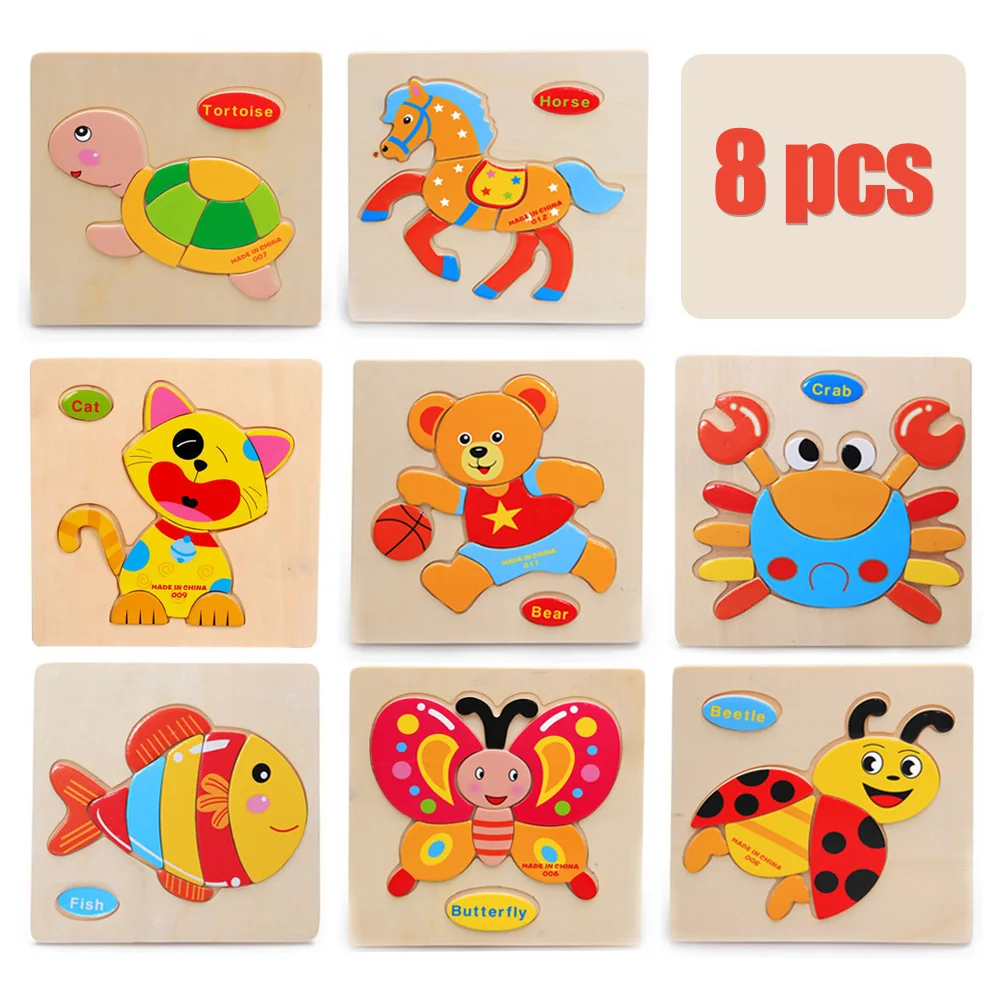 8Pcs/Set Wooden Puzzle Cartoon Animals Puzzle Small Piece Kids Toys 3D Puzzles DIY Educational Toy Puzzles Toys