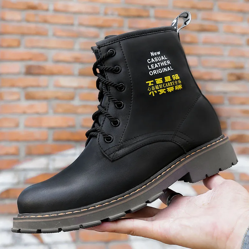 

Men Boots casual Winter New Basic Boots Lace-up Rivets outdoor plush Fashion Ankle Boot Brand design genuine leather Boots Men 5