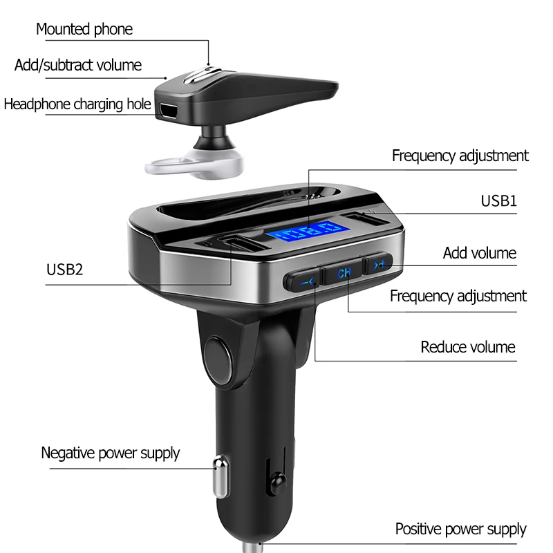 Bluetooth Car MP3 Player FM Transmitter with Disassembly Headphones Handsfree Car Kit USB Quick Charger Adapter