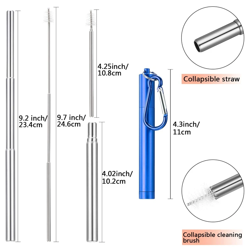 4 Pieces Portable Collapsible Reusable Straws Telescopic Metal Straws Folding Drinking Straws Keychain Set with Stainless Steel
