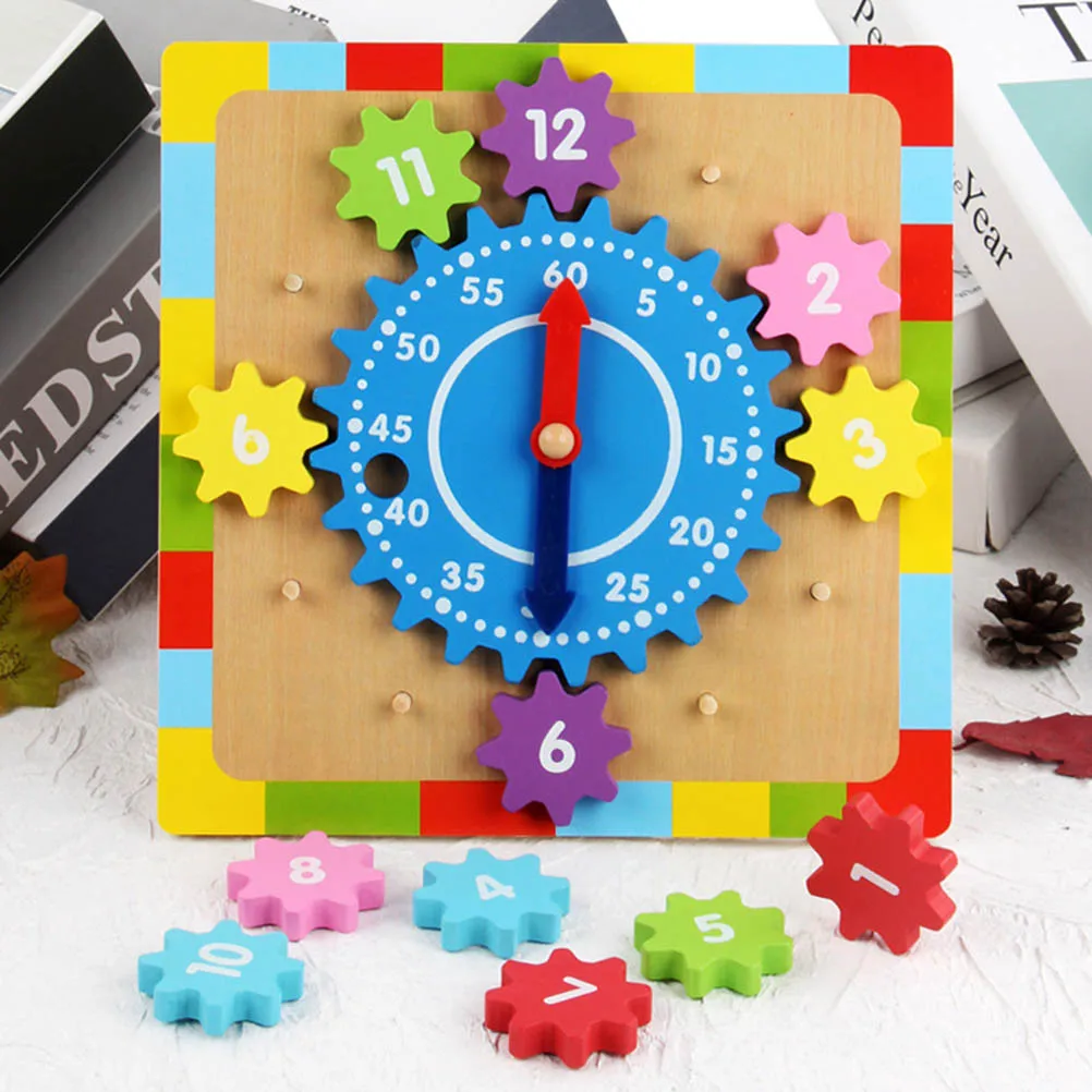  Wooden Gear Sorting Clock Wooden Teaching Clock with Numbers and Shapes Sorting Puzzle Learning Edu - 4000337084546