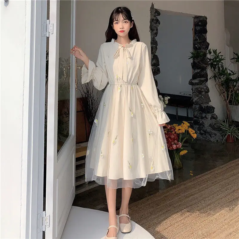 Long Sleeve Dress Women Patchwork Bow Collar Embroidery Elegant College Trendy Causal Holiday Ulzzang Empire Lovely Fall Apricot black dress Dresses