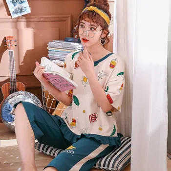 

O-neck Pajamas Female 100% Cotton Short-sleeved Calf-length Pants Two-piece Loose Large Size Home Clothes Pyjamas Women Lenceria