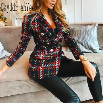 

2019 Autumn Fashion Plaid Women Blazer Coat Vintage Double Breasted Office Ladies Suit Coat Jacket Long Sleeve Casual Coats