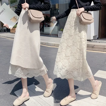 

New Autumn Elegant Lace Printed Long Skirts High Waist Office Lady Sheath Pencil Knitted Long Skirts Female G1132