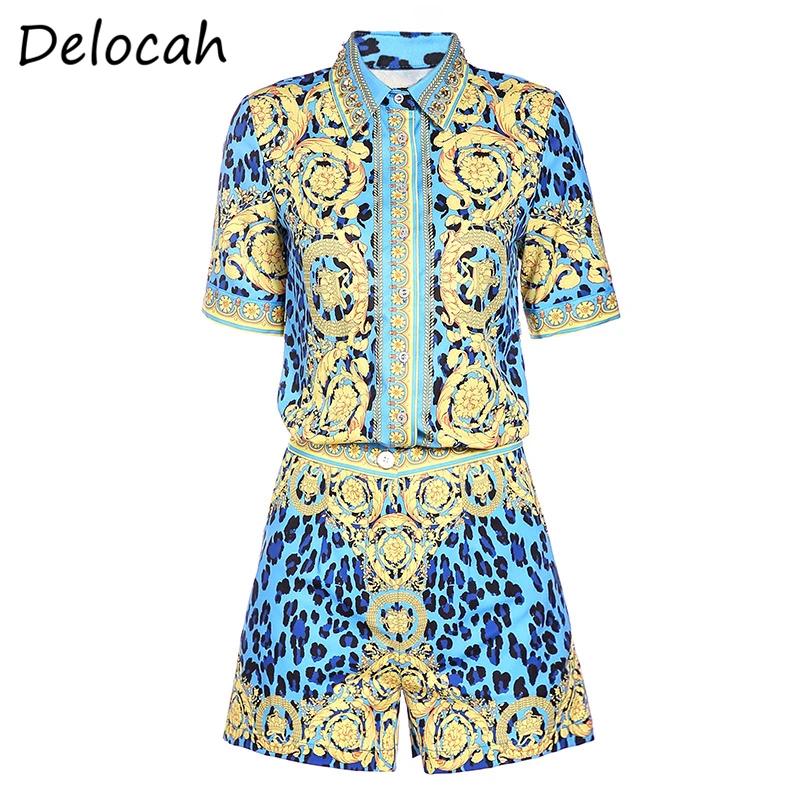 

Delocah Summer Women Fashion Designer Shorts Set Short Sleeve Crystal Loose Blouses + Leopard Printed Shorts 2 Two Pieces Suits
