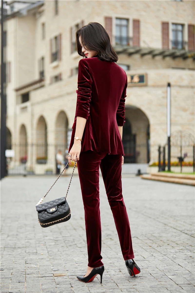 High Quality Velvet Formal Uniform Designs Pantsuits Elegant Wine