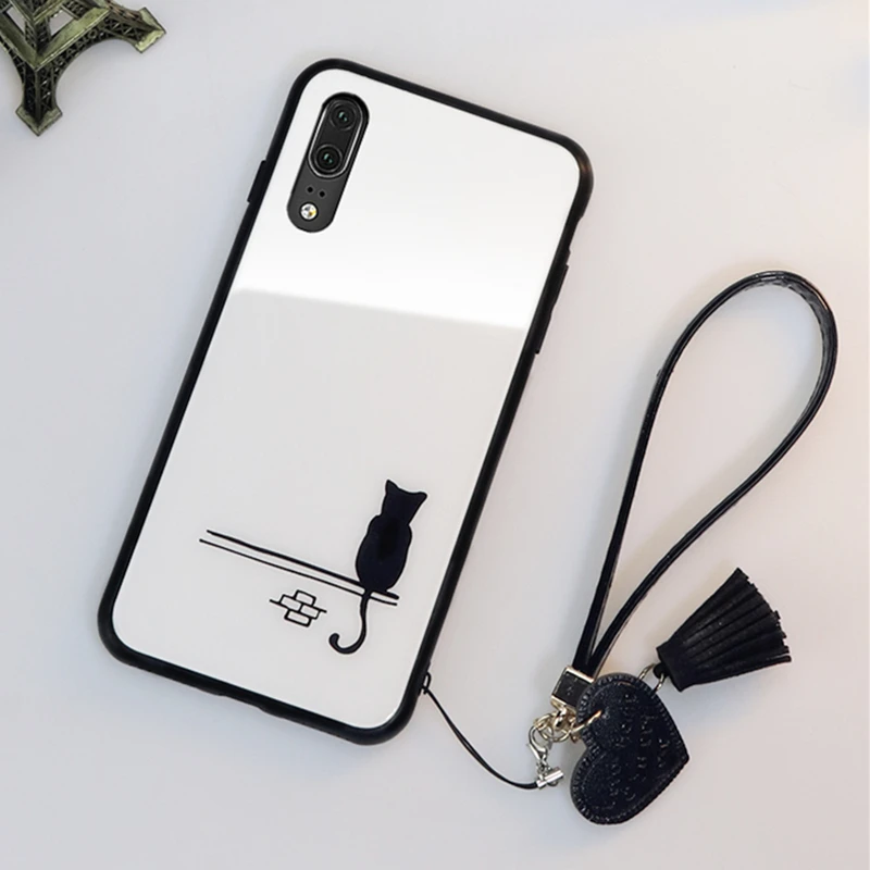 Для samsung Galaxy A90 A80 A70 A60 A50 чехол и ремешок стеклянный жесткий чехол для samsung M40 A70 A50 A80 простой милый Кот Шнур funda