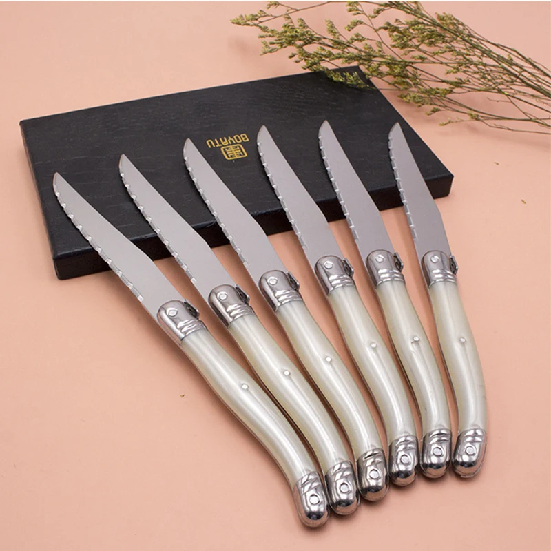 

Laguiole Steak Knife 9in 23.5cm Dinner Knifes Household Cutlery Flatware set Pear White Plastic Handle Table Knives