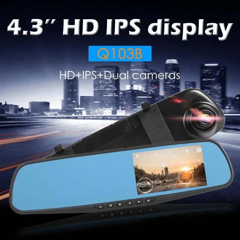 Q103B зеркало заднего вида автомобиля dvr камера 4,3 дюймов ips 1080p двойной объектив Dashcam