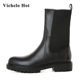 

Vichelo Hot limited customization plus size natural leather round toe med heel riding boots classic colors mid-calf boots L10