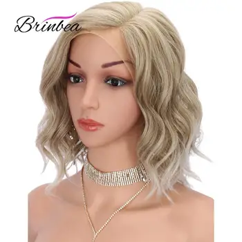 

Brinbea Short Curly Wavy Bob Lace Front Wigs for Women Ice Blonde Hand Tied Lace L-Shape Premium Futura Synthetic Lace Wig 12''