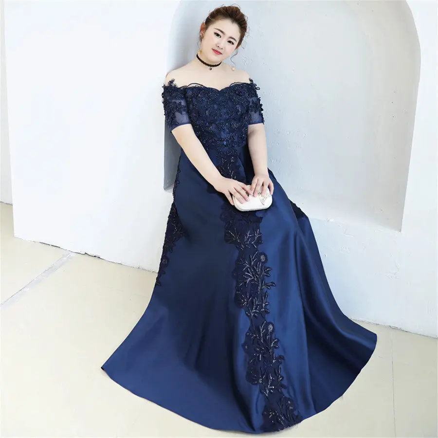 Вечернее платье с открытыми плечами Robe De Soiree T523 размера плюс темно-синие женские вечерние платья с бисером элегантное платье с вырезом лодочкой для выпускного вечера