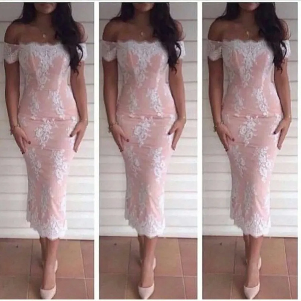 Vestido de Festa Горячая Очаровательная Чайная-Длина оболочка с коротким рукавом Кружевное расшитое бисером с аппликацтей на выпускной платье вырез лодочкой, для подружки невесты, платья